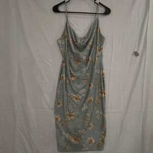 Iris Slip Dress Y2K Women Sz L green Floral Cowl Neck Spaghetti Strap Midi Satin
